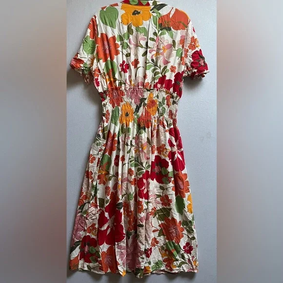 Zara Floral Smocked Waist Midi Dress Button Front XL - Picture 3 of 12
